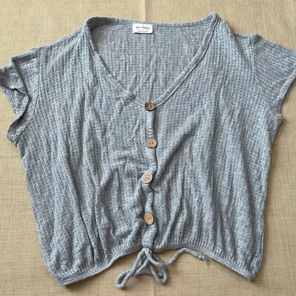 Free Kisses Oversized Gray V Neck Crop Top